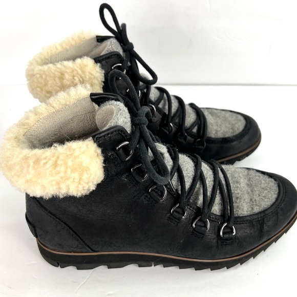 Sorel Harlow Wool Leather Shearling Lace Up Ankle Boot sz 7.5 Black Gray Winter - Picture 3 of 12